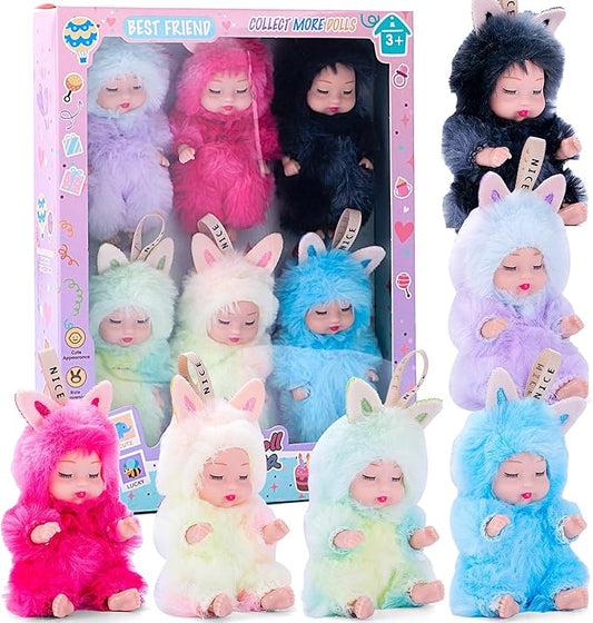 Adorable 6 Pack Plush Sleeping Doll Set with Hanging String, 4-Inch Colorful Collection