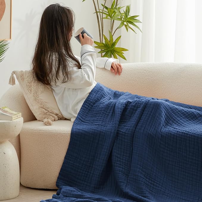 Love's cabin 100% Cotton Muslin Blanket, 6 Layer Lightweight Breathable Gauze King Size Blanket 108 x 90 Inches, Soft Summer Blanket for Bed, Dark Blue