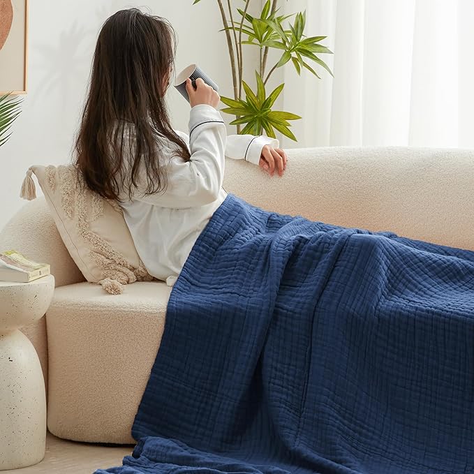 Love's cabin 100% Cotton Muslin Blanket, 6 Layer Lightweight Breathable Gauze Queen Size Blanket 90 x 90 Inches, Soft All Season Blanket for Bed, Dark Blue