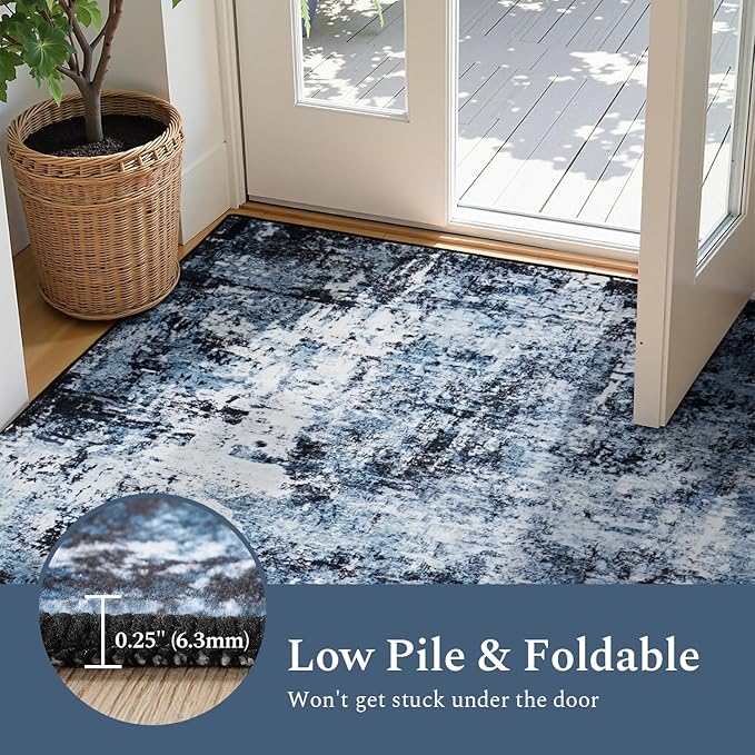 Rugflix 8x12 Area Rugs for Living Room, Washable Navy Blue Dark Large Rug | Machine Washable; Stain-Resistant; Low Pile; Non-Slip; Modern Abstract; Black Carpet for Bedroom Dining Office Nursery Home