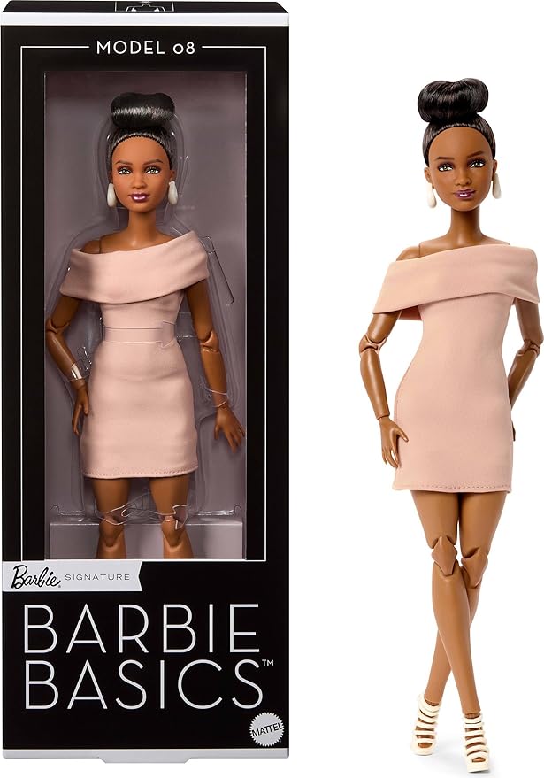 Barbie Basics Model Collector Fashion Doll 08 with Brunette Hair in Tan Dress & Strappy Heels, Universal-fit Fashions & Posable Body