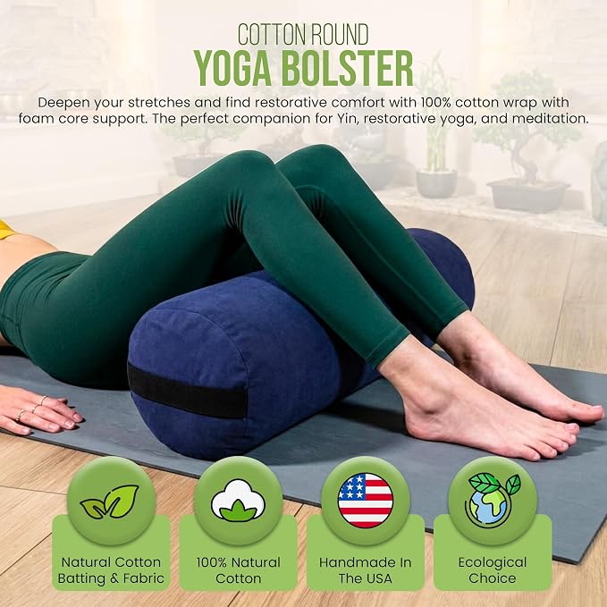 Bean Products Cotton Batting Yoga Bolster - Studio Grade Round or Rectangular Restorative Yoga Pillow for Pilates and Yin Practice - Soft Yet Firm Support with Cotton Cover - Made in The USA