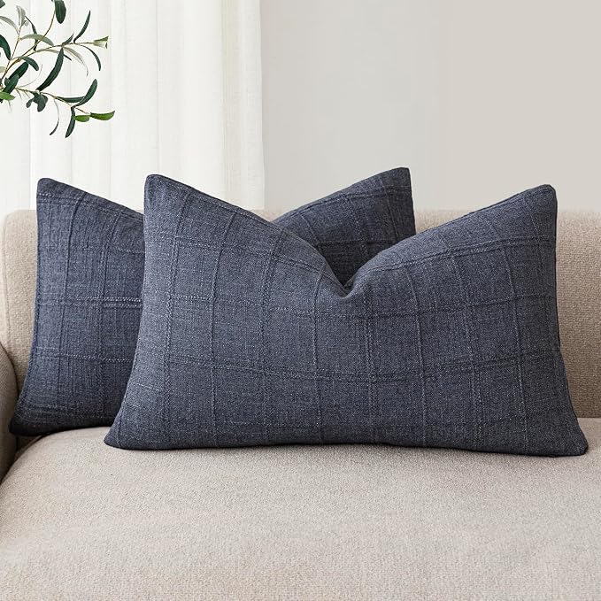 Foindtower Set of 2 Decorative Linen Check Throw Pillow Covers Neutral Farmhouse Lumbar Cushion Covers Modern Coastal Boho Home Decor for Sofa Chair Couch Bedroom Living Room,12×24 Inch,Blue