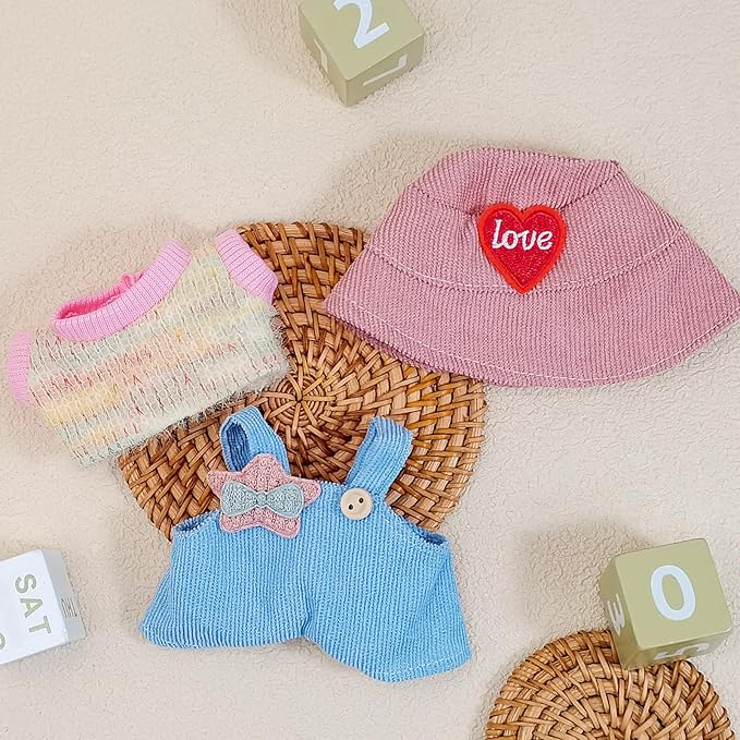 Doll Clothes for 17cm Dolls, Cute Outfit Set with Accessories, Bucket Hat and Overalls (No Doll) (Blue Overalls Set)