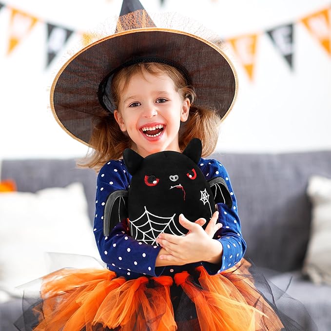 Halloween Stuffed Animal Plush Toy - 8 Inch Spider Web Black Bat Plush Pillow Soft, Cute Stuff Animals Plushies Toys Gifts for Kids Girls Boys, Halloween Birthday Party Decorations