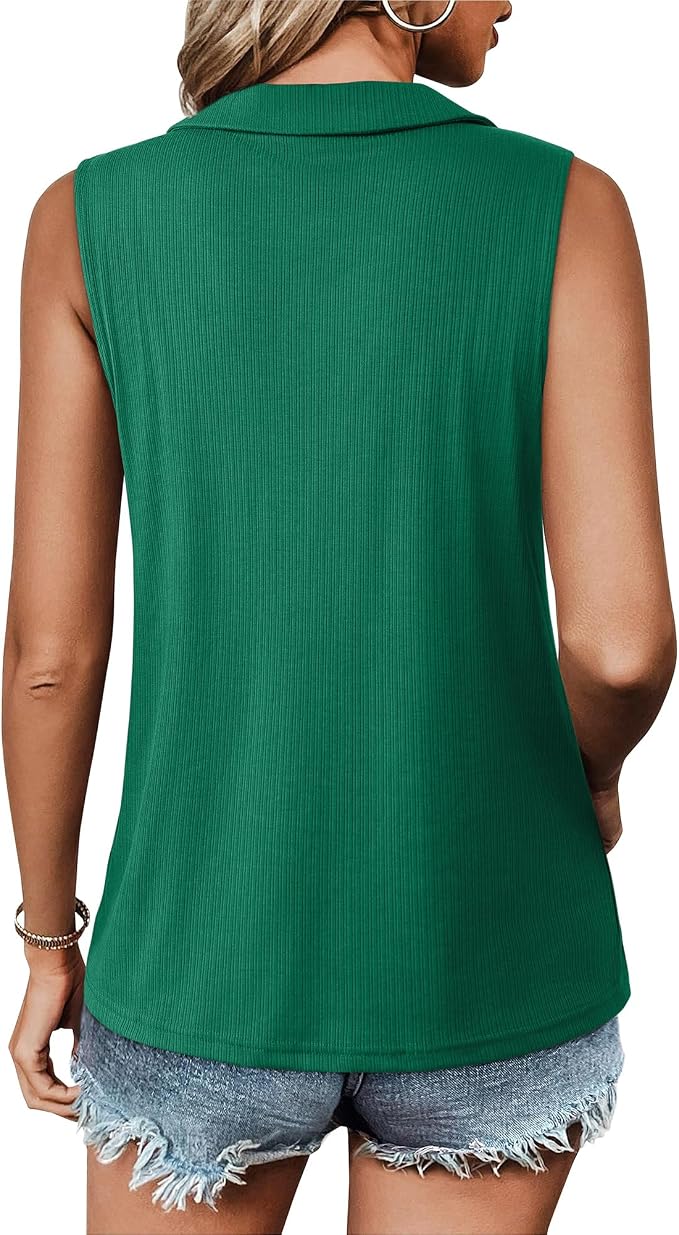 Vivilli Womens Ribbed Tank Top Zipper V Neck Dressy Casual Blouses Sleeveless Camisole Tops Work Tank Polo Shirts