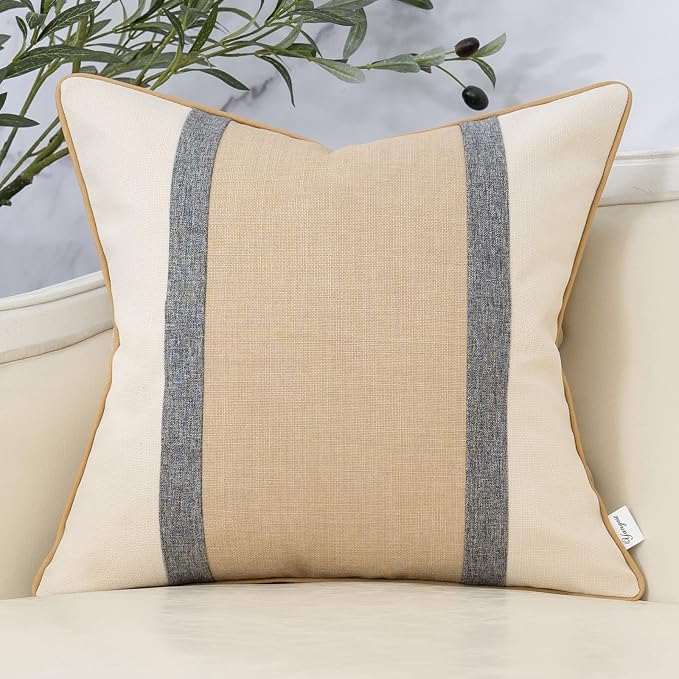 Patchwork Pillow Cover 18x18 Inch Luxury Cotton and Linen Cushion Cover Square Pillowcover for Couch Bedroom Living Room, Khaki