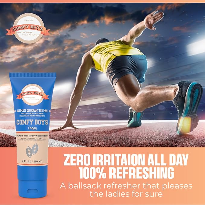 Men's Premium Ball Deodorant: Anti-Chafing Sweat Defense, Odor Control, Aluminum-Free Mens Deodorant for Men's Private Parts (Candy, 4 oz)