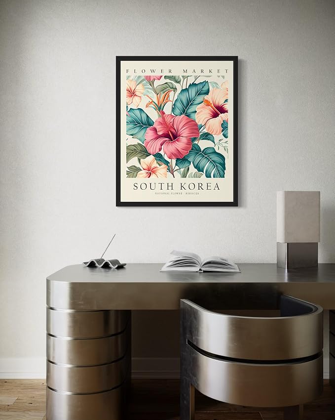 South Korea Flower Market Black Framed Art Print Poster, Wall Art Floral Painting Botanical Decor for Bedroom, Kitchen, Bathroom Livingroom Decoration 82B (South Korea, 10"L x 8"W, Black Frame)