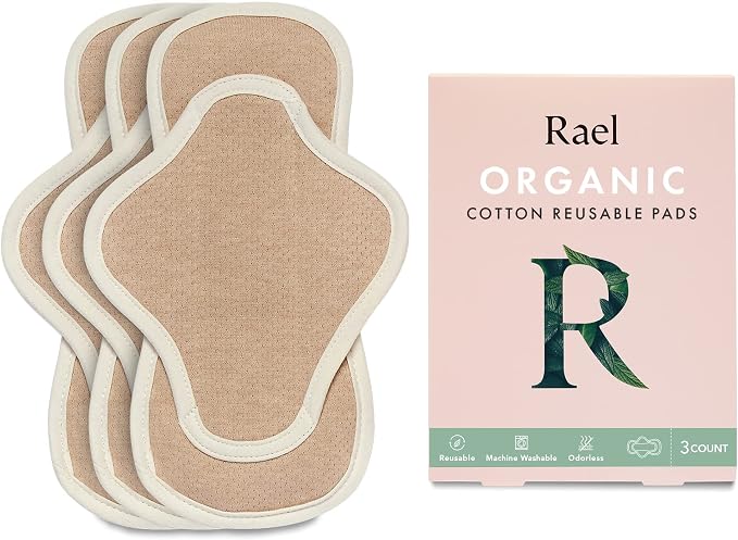 Rael Reusable Sanitary Pads, Organic Cotton Cover (3 Count, Regular) | Moderate Absorbency, Thin Cloth, Leak-Resistant Design, Washing Machine Safe, Menstrual and Postpartum Essentials for Women