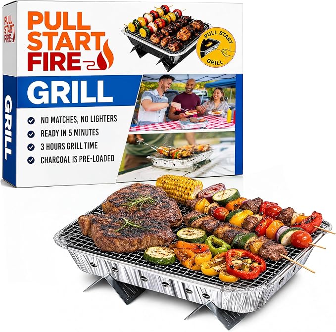 Pull Start Fire Grill, Natural Hardwood Charcoal, Portable 3hr Burn, 1 Pack | Pull Start Matchless Ignition, Ready in 5 Mins, Clean Burn, No Lighter Fluid, Disposable, Tailgate, Camping, Beach, Backyard