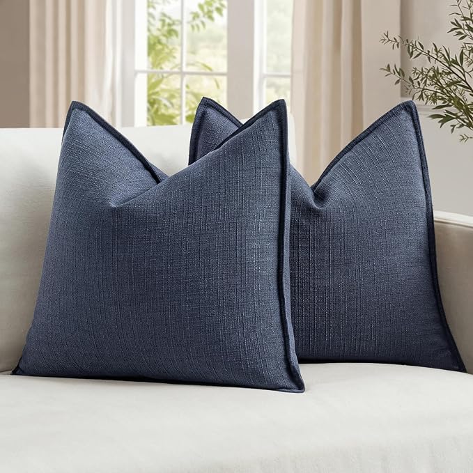 MIULEE Thick Textured Navy Blue Decorative Throw Pillow Covers 22x22 Inch | Set of 2, Linen Blend Pillow Cover, Flange Edge Design, Farmhouse Modern Boho Style, Bed Couch Living Room Decor