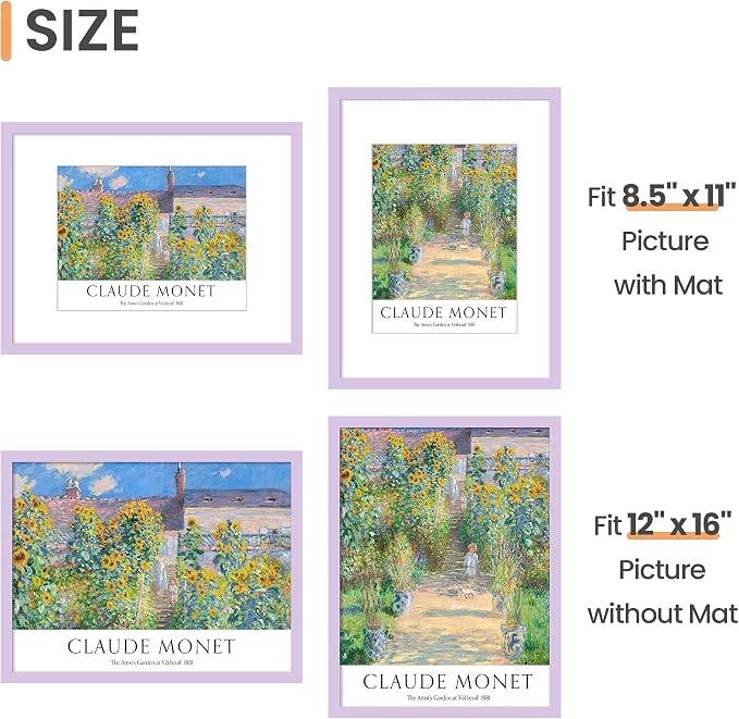 upsimples 12x16 Picture Frame, Display Pictures 8.5x11 with Mat or 12 x 16 Without, Wall Hanging Poster Frames, Purple, 1 Pack