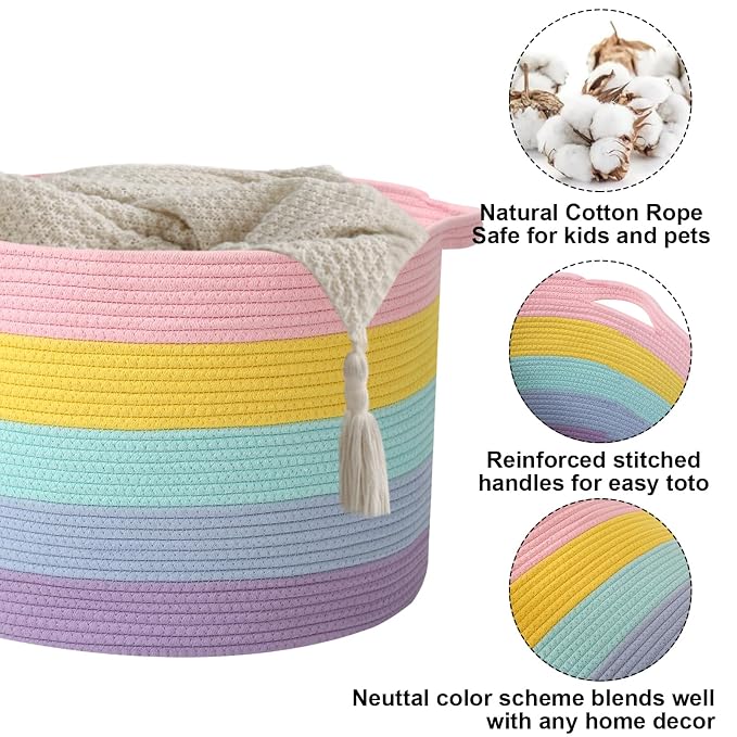 115L Large Blanket Basket,Rope Woven Laundry Basket-Colorful | Collapsible, reinforced handles, nursery storage bin organizes clothes, toys and pillows for living room, bedroom bathroom