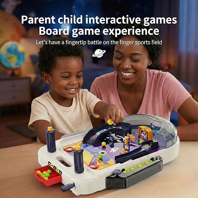Tabletop Pinball Machine — Space Board Game with Obstacles, Pull-Rod Launcher, Two-Hand Controls, Ball Storage Tray, 1-2 Player Arcade Games for Kids Ages 3+