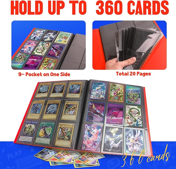 Card Binder 9-Pockets, Trading Card Binder, 20 Pages, 360 Card Capacity Collection Binder, Card Folder for MTG, TCG, Game Cards & Sports Cards（Red）