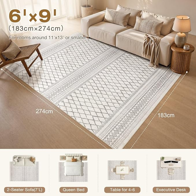 cotiled 6x9 Area Rugs Living Room Rug: Washable Boho Rugs with Non Slip Backing Large Soft Indoor Stain Resistant Carpet for Bedroom Farmhouse Dining Room Lightweight Home Decor Beige/Gray