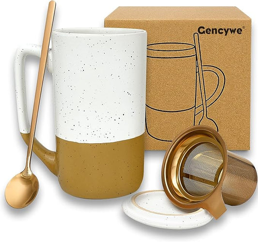 Gencywe Ceramics Large Tea Cup with Loose Leaf Infuser, Spoon and Lid, 16 oz Tall Coffee Mug, Microwave and Dishwasher Safe, Rustic Matte Ceramic Glaze, Tea Strainer, Amber