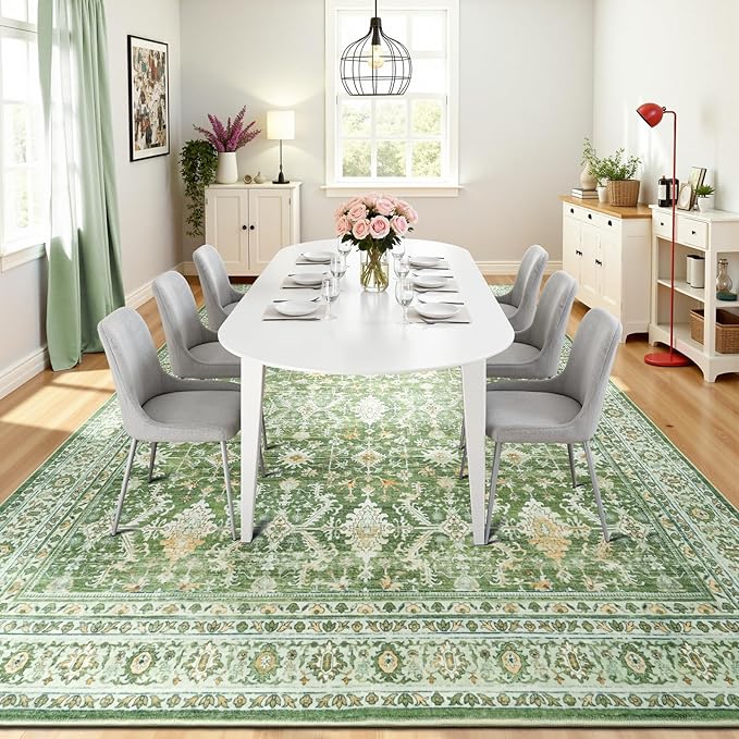 8x10 Area Rugs for Living Room, Washable Large Carpet, Light Green | Soft Rug for Bedroom, Dining Room, Home Office, Indoor, Nursery, Stain Resistant, Non-Slip, Low Pile,Vintage Distressed Rug