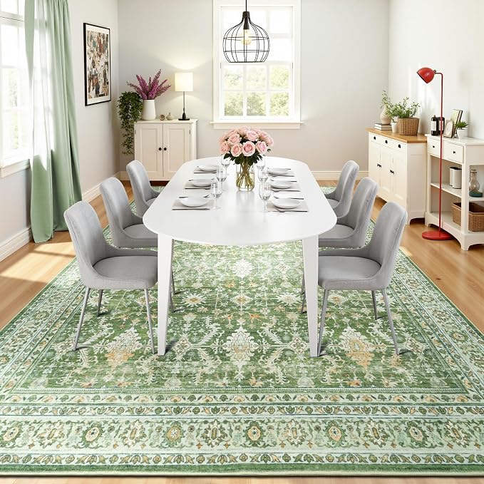 9x12 Area Rugs for Living Room, Washable Large Carpet, Light Green | Soft Rug for Bedroom, Dining Room, Home Office, Indoor, Nursery, Stain Resistant, Non-Slip, Low Pile,Vintage Distressed Rug