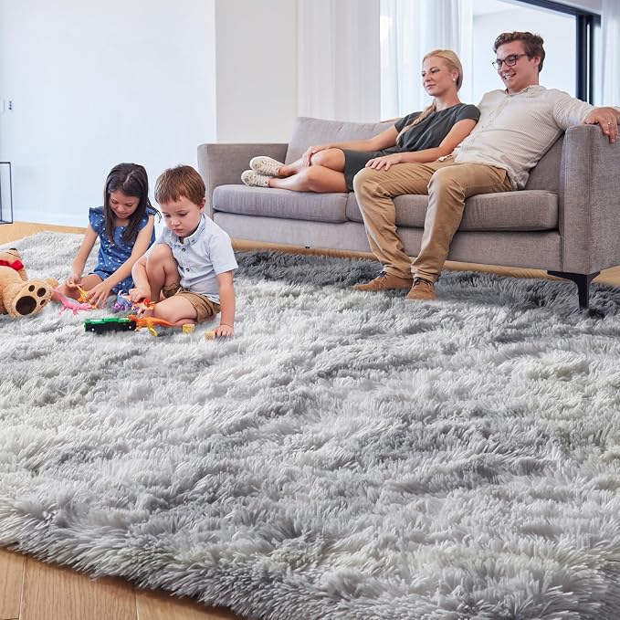 PAGISOFE Abstract Shaggy Washable Area Rug 4' x 6' Plush Soft Fluffy Fuzzy Furry Carpet for Living Room, Home Decor Aesthetic Tie-Dyed Light Grey Bedside Rugs, Nursery Grils Boys Kids Room