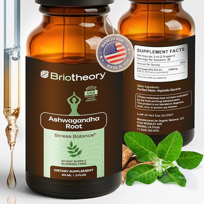 Liquid Ashwagandha Drops | Ashwagandha Tincture Herbal Supplement for Stress Relief, Sleep Support & Energy | Alcohol-Free, Vegan, Non-GMO – 60ml (30 Days Supply)
