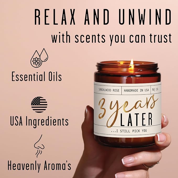 3 Year Anniversary Gift for Her - '3 Year Later' Candle, w/Sandalwood Rose - infused w/Essential Oils I 3rd Anniversary Gifts for Wife I 3 Year Wedding Anniversary Gifts I 50Hr Burn I USA Made