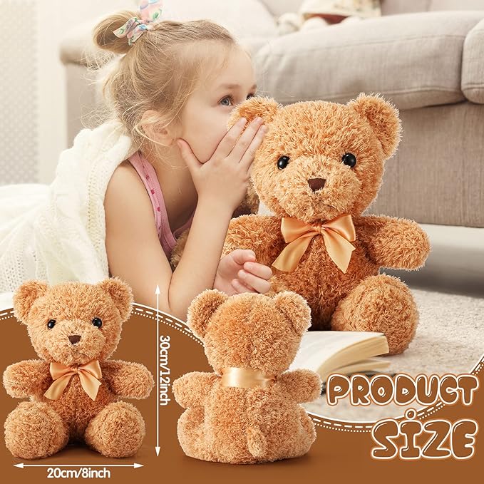 HyDren 5 Pcs Bears Stuffed Animal Soft Plush Toys Valentine 12 Inches Cute Small Shaggy Bear with Hoodie Bow Tie for Kids Boys Girls Baby Shower Birthday Party(Bow Tie Style,Light Brown, White)