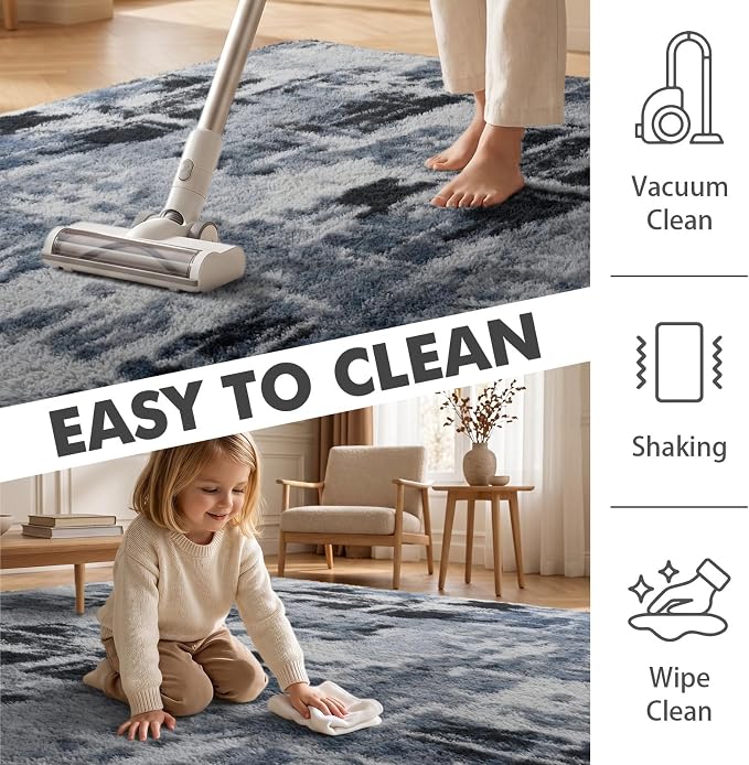 4x6 Ft Shag Rugs for Bedroom Living Room, Tie-Dyed Ultra Soft Fluffy Furry Area Rugs for Indoor Floor, Aesthetic Carpet for Kids Home Decor (Blue)