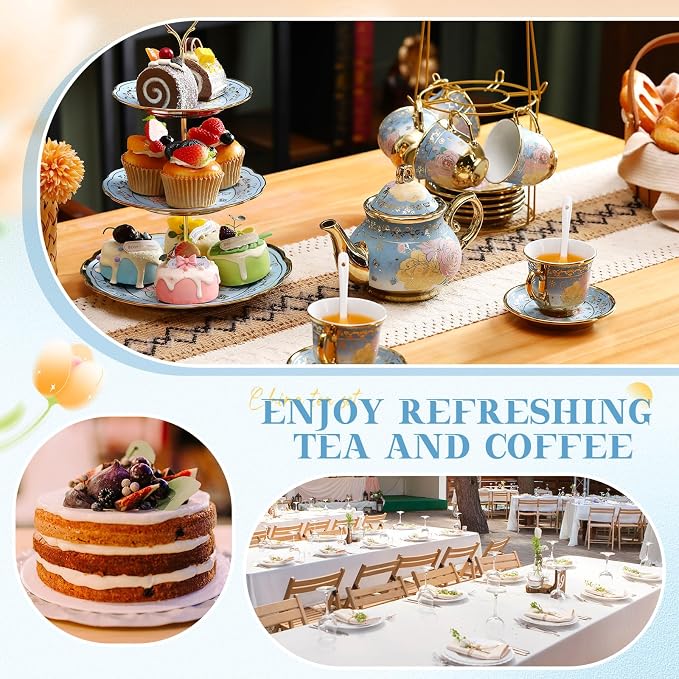 21 Pcs Ceramic Teapot Set Vintage Porcelain Tea Cups with Metal Holder and High Tier Cupcake Stand Saucers for Women Girls Farmhouse European Weddings Party Decor Gifts(Blue,Elegant)