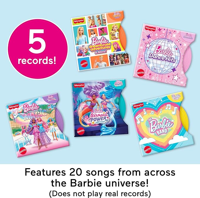 Fisher-Price Musical Toy Barbie Record Player with 5 Records & Display Rack for Preschool Pretend Play Kids Ages 3+ Years