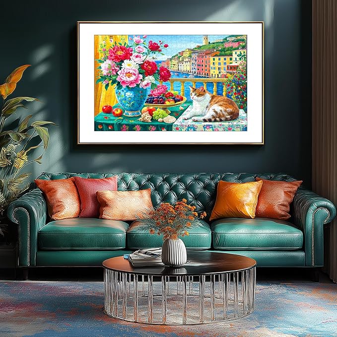 Cinque Terre Balcony Cat 300 Piece Puzzle for Adults, Fun Spring Puzzles for Adults 300 Pieces with HD Print & Poster, 17"x11" Dust Free, for Gifts Halloween Christmas Family Games Lovers