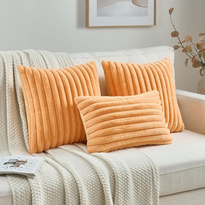 FUTEI Pack of 2 Faux Fur Throw Pillow Covers 12x20 Inch, Orange | Fluffy Faux Rabbit Fur Front/Premium Velvet Back,Hidden Zipper,Machine Washable,Non-Shedding,Colorfast,Insert Not Included.