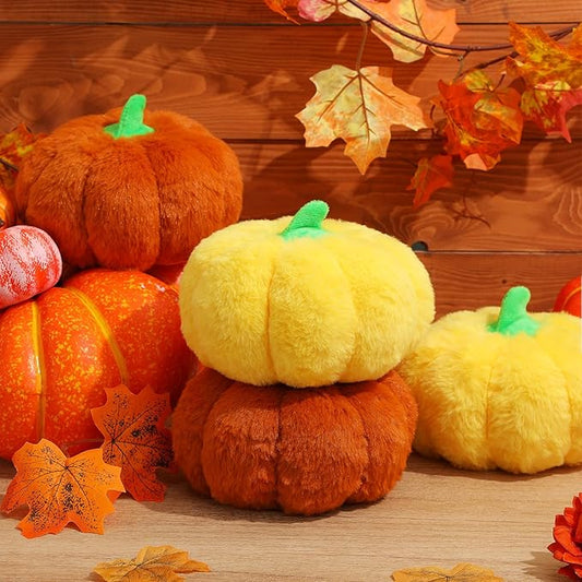 4 Pcs Pumpkin Pillows Fall Halloween Pumpkin Stuffed Animals Rabbit Hair Plush Toys Fluffy Thanksgiving Decor Throw Pillows Gifts for Kids for Home Bedroom Sofa Couch(Yellow,Brown)
