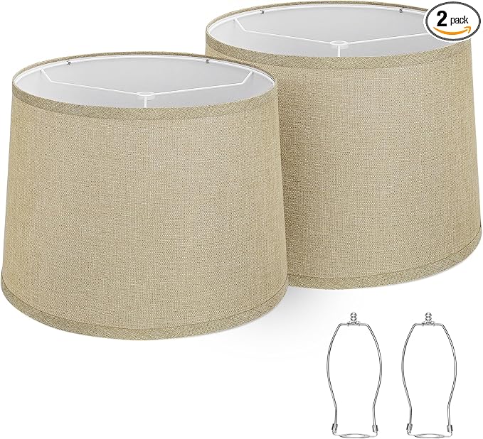 Drum Lampshades Set of 2, 11.6"Top x 12.6"Bottom x 9.8"High, Brown | Fabric Lampshades for Table Lamps Floor Lamps, Medium Lamp shades for Bedroom, Spider, Harp Holders Included, Easy Assembly