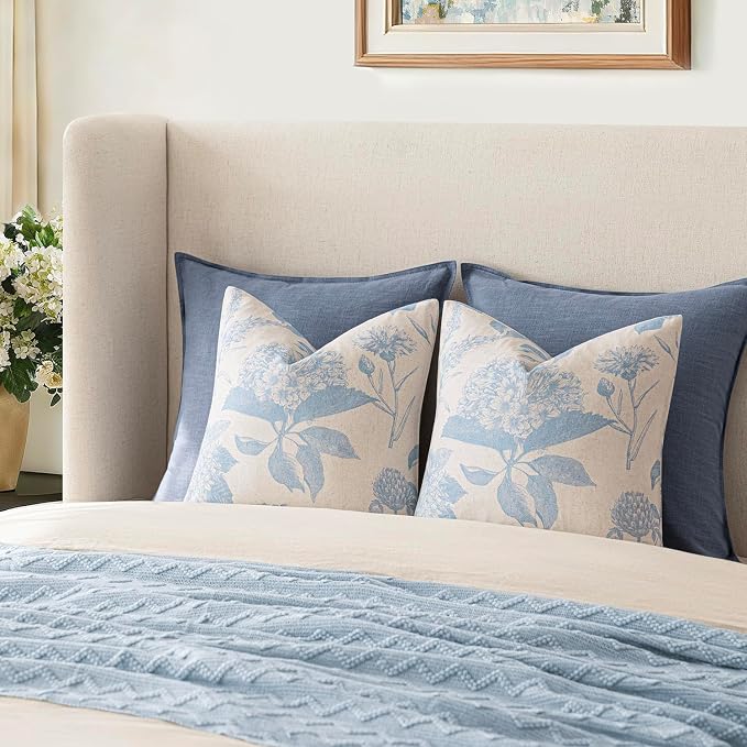 Foindtower Set of 2 Linen Floral Vintage Throw Pillow Covers Neutral Accent Decorative Cozy Cushion Covers Farmhouse Boho Home Decor for Sofa Chair Couch Bedroom Living Room,20×20 Inch,Sky Blue