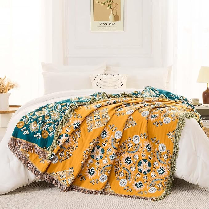 XIBLC Boho Throw Blanket, 100% Cotton Ultra Soft Luxury Throw Rustic Quilt, Floral Printed Farmhouse Decor Bed Summer Blankets, All Season Rustic Reversible Bohemian Throw for Bed (60"x80" Yellow