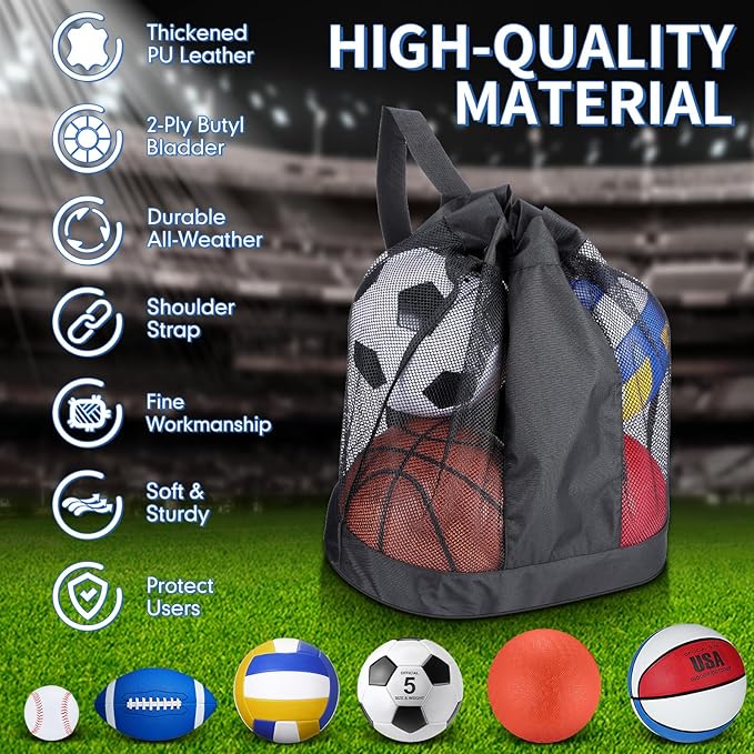 Libima 6 Pcs Multi Sport Ball Set Gift Official Size Football, Basketball, Soccer, Volleyball, Playground Ball, Baseball with Outdoor Sports Equipment Bag Pump for Christmas Holiday