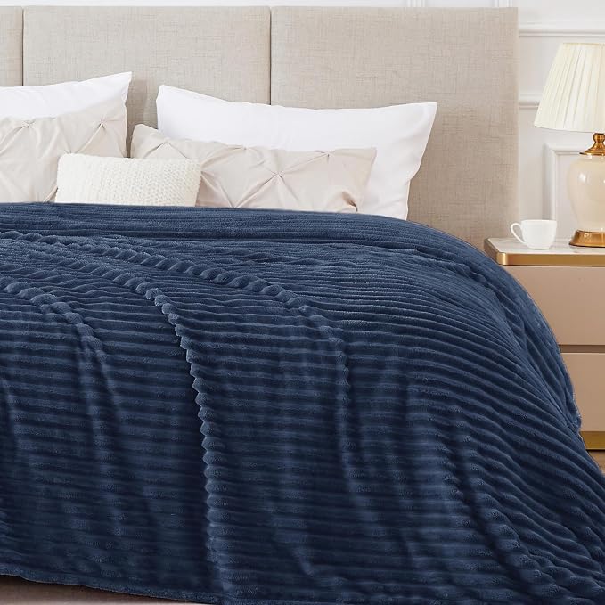 BEDELITE 3D Ribbed Jacquard Navy Blankets Queen Size for Bed, 90x90 Inch | Soft Warm Decorative Fluffy Blanket, Cozy Fuzzy Lightweight Plush Fleece Throw Blankets for Bed, Room Decor, Gift for Women