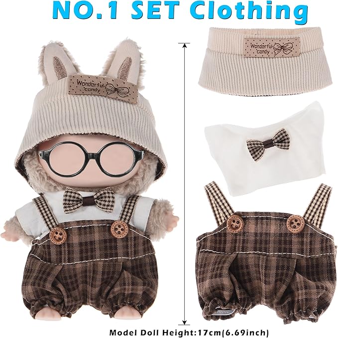 6 Sets Kawaii Doll Clothes for 17cm Plush Dolls - Dress Up Doll Clothing Set Replacement Fashion Outfit Collection with Hats & Accessories, Fits 6.7 Inch Mini Dolls (No Doll No Glasses)