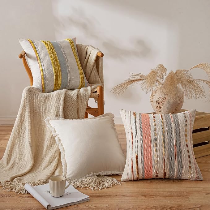 ANRODUO Boho Decorative Throw Pillow Covers Pink Stripe 18x18 Pack of 2 | Throw Pillow Covers, Farmhouse Cushion Case, Chenille Pillow Cases, Pillow Covers, Accent Neutral Pillowcase for Sofa Couch