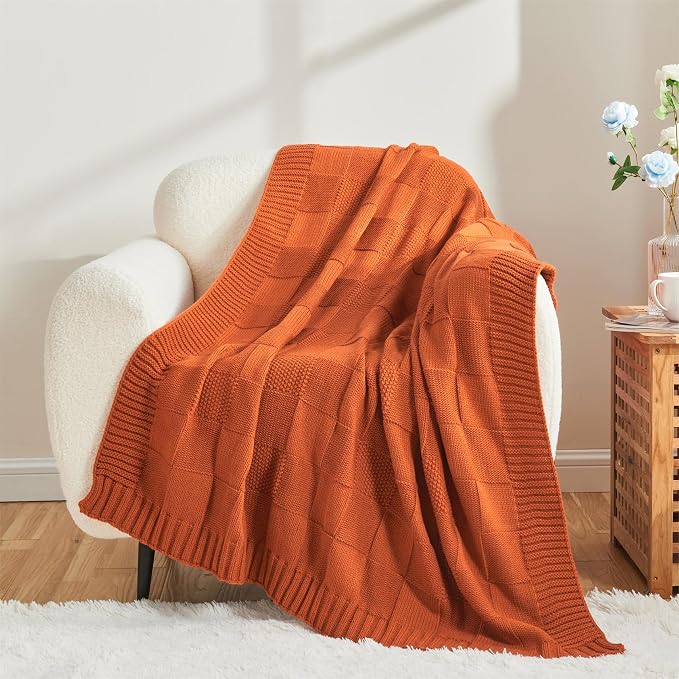 CozeCube Rust Orange Knitted Checkered Throw Blanket 50"X60" | Check Knit Throw for Couch, Decorative Christmas Soft Cozy Warm Blanket for Bed Sofa Living Room