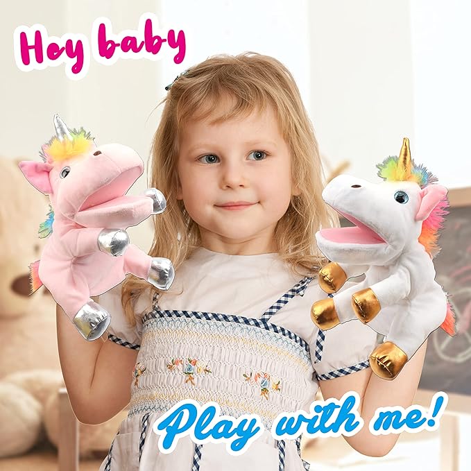 Hopearl Plush Unicorn Hand Puppet with Open Movable Mouth for Imaginative Play, Role Play, Interactive Toy for Storytelling Teaching Puppet Theater, Birthday Gift for Kids Girls, Pink, 12''