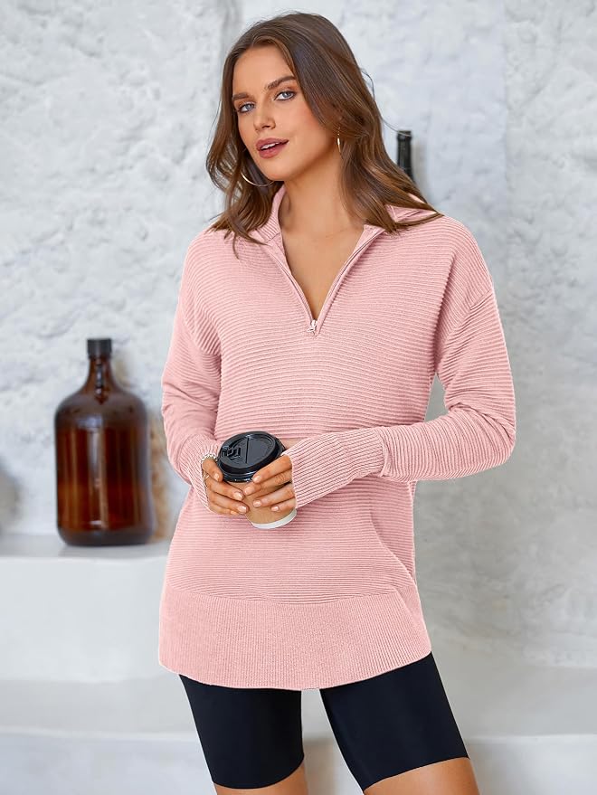 PRETTYGARDEN Womens Long Sleeve Quarter Zip Pullover Sweater Casual Loose V Neck Collared Ribbed Knit Jumper Tops Thumb Hole