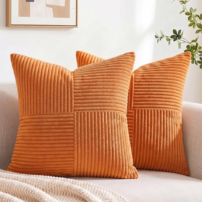Fancy Homi 2 Packs Burnt Orange Decorative Throw Pillow Covers 20x20 Inch for Living Room Couch Bed Sofa, Rustic Farmhouse Boho Home Decor, Soft Corss Corduroy Patchwork Accent Cushion Case 50x50 cm
