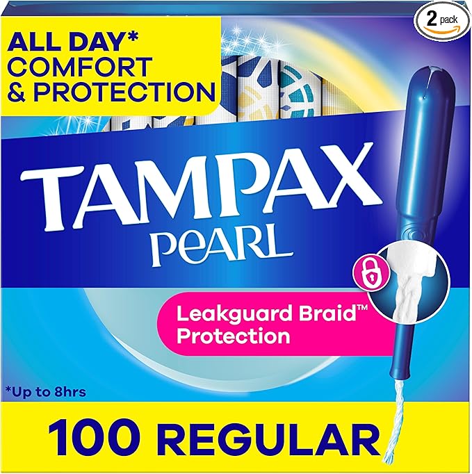 Tampax Pearl Tampons Regular Absorbency, with Leakguard Braid, Unscented, 50 Count x 2 Packs (100 Count Total) (Packaging May Vary)