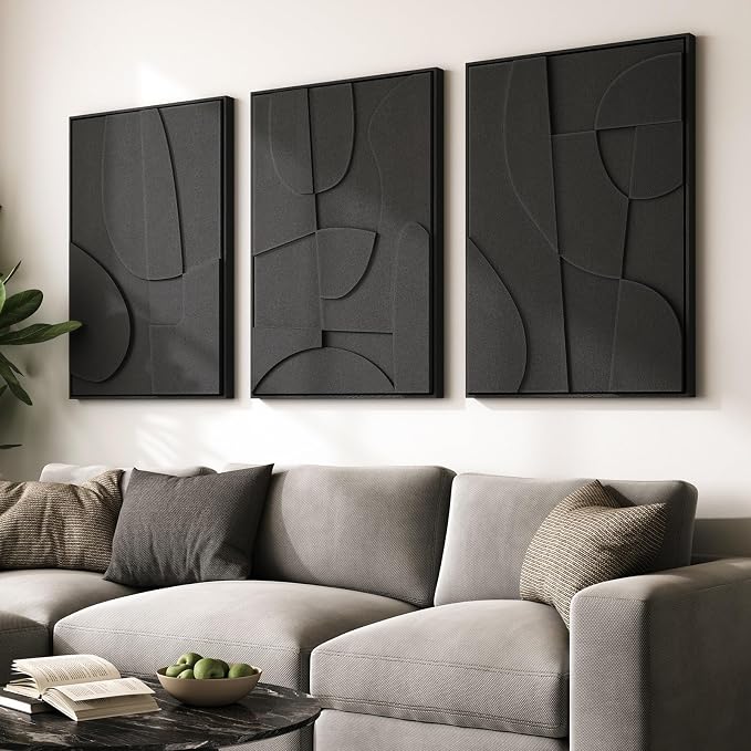 Large 3D Textured Framed Black Abstract Wall Art for Living Room, 3 piece Modern Minimalist Geometric Texture Artwork for Walls, Sandstone Art Pictures for Bedroom Hallway Office Wall Decor 24x36 In