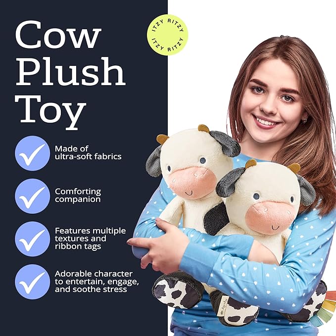 Itzy Ritzy Snuggles Plush Toy – Soft Stuffed Animal for Babies, Kids & Adults – Sensory Ribbons & Textured Fabrics for Tactile Play – Cozy & Cuddly Companion for Newborns & Up (Cow)