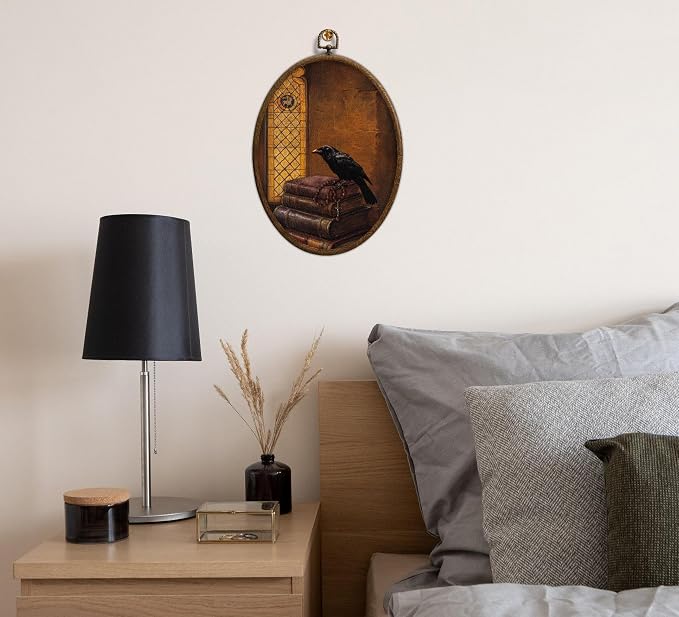 Vintage Raven Crow Oval Wall Art, Church and Raven Oval Framed Wall Art, Waterproof Mid Century Cottage Core Home Decor for Western Farmhouse Bedroom Living Room, Home Retro Decor Products, 19