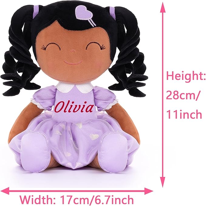 Gloveleya Personalized Baby Doll – Custom Name Rag Doll with Curly Hair & Purple Heart Dress | Birthday Gift for Girls Toddlers Kids | Soft Keepsake Plush Toy 16"